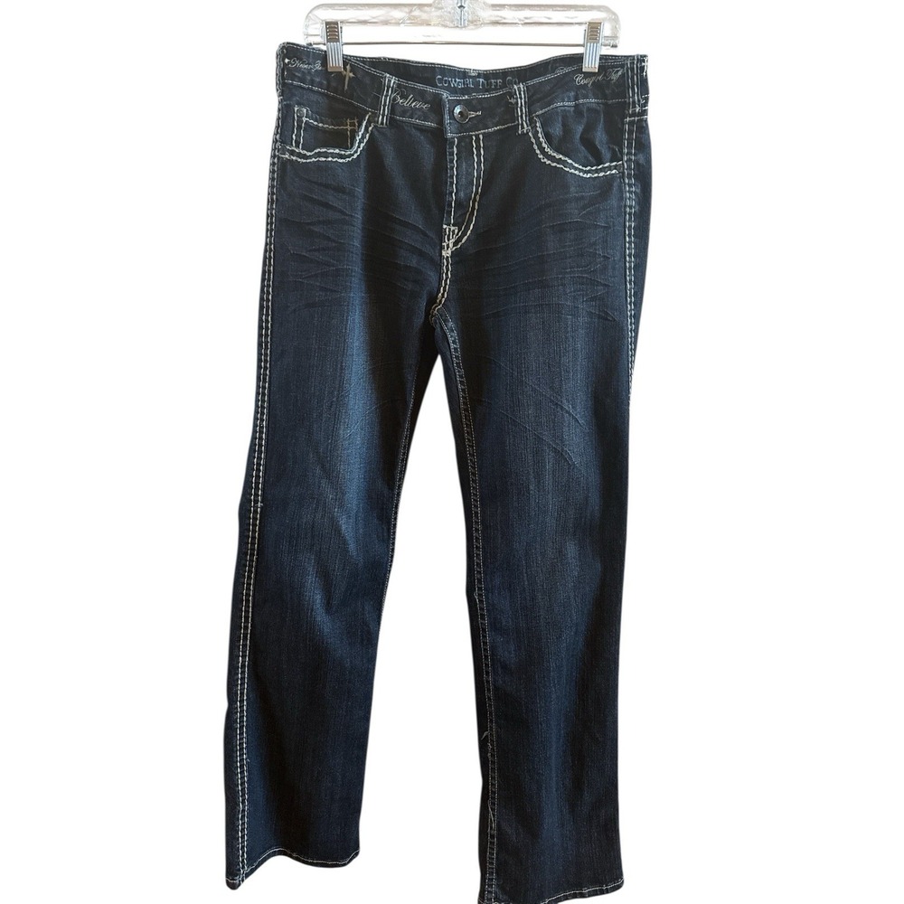 Cowgirl Tuff Women's Cross Embroidered Victory Jeans Size 33‎ X 33 Medium Wash